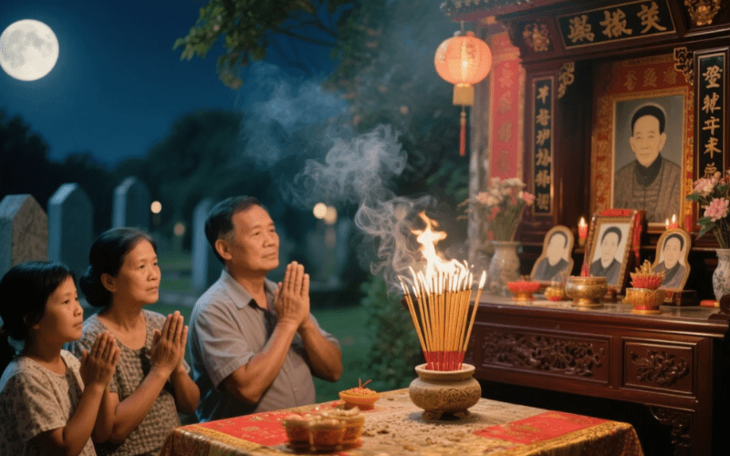 Trước khi đi, thắp hương xin phép gia tiên tại bàn thờ ở nhà.