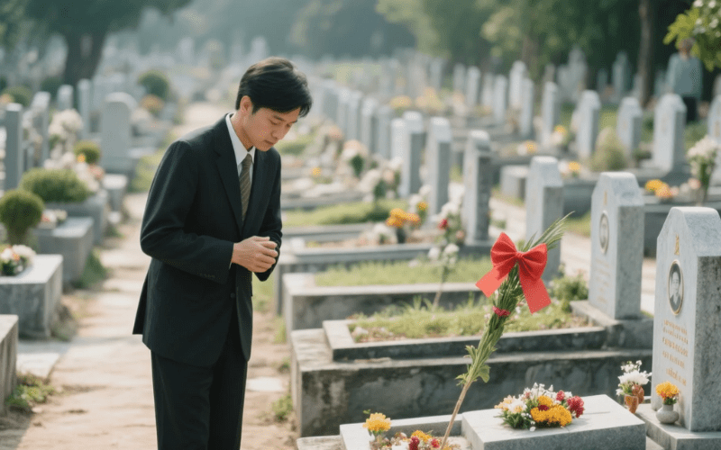 Khi vào cổng nghĩa trang, nên cúi đầu chào.