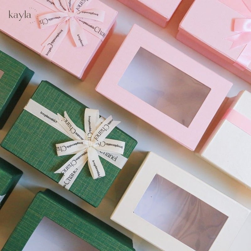Hộp chữ nhật nắp kính & Nơ - Nhẹ nhàng tinh tế - 18x12x10