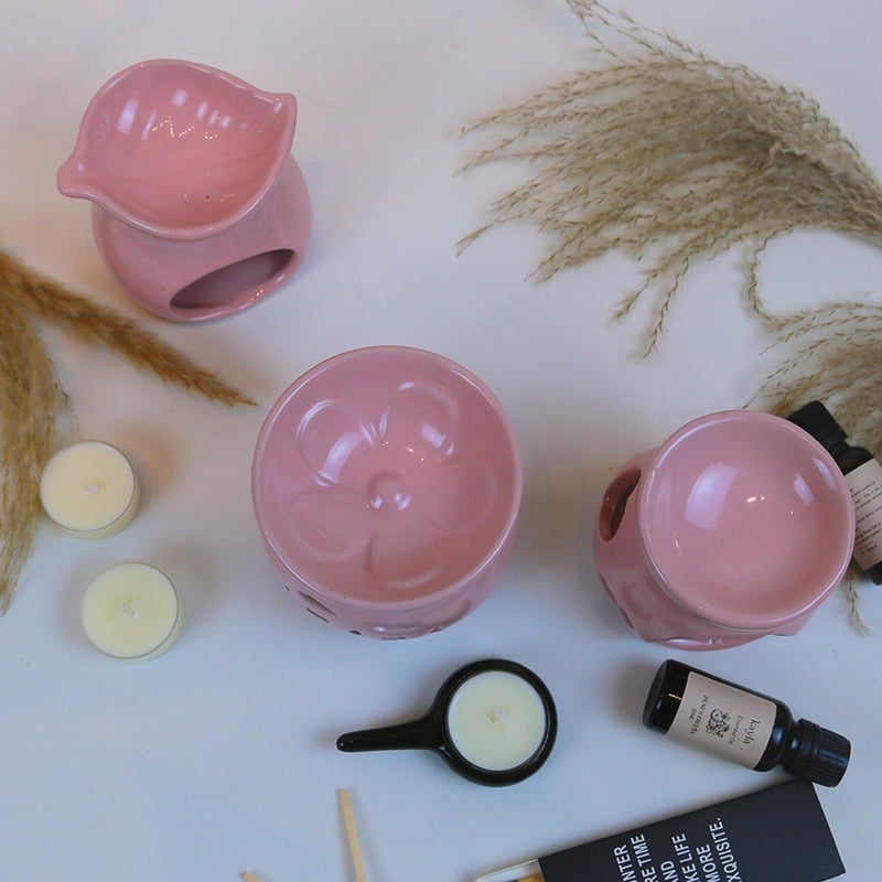 Đèn Sứ Hồng Xông Tinh Dầu Dùng Nến Tealight