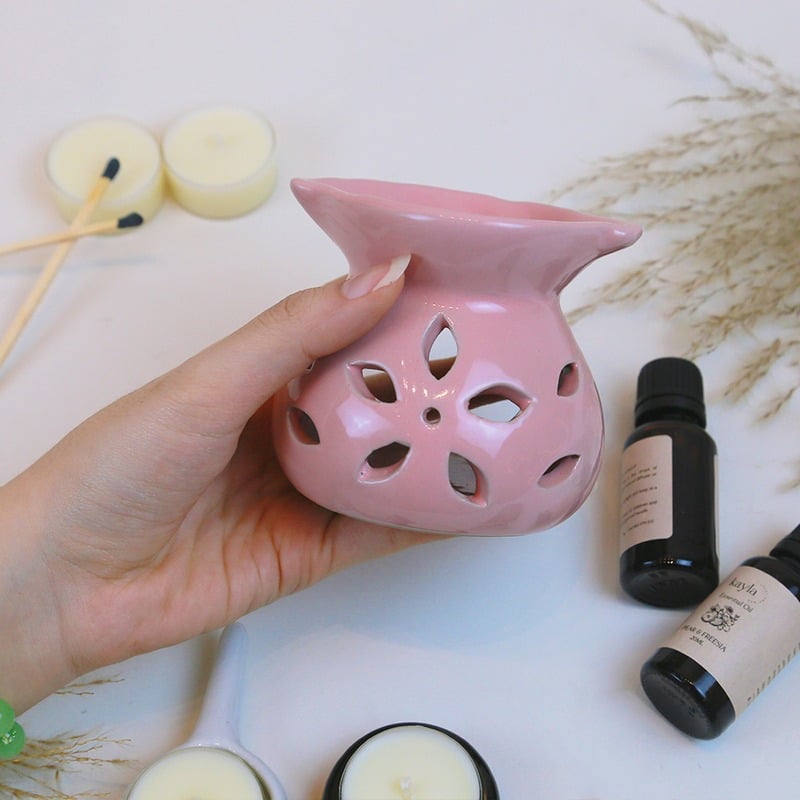Đèn Sứ Hồng Xông Tinh Dầu Dùng Nến Tealight