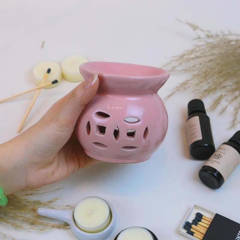 Đèn Sứ Hồng Xông Tinh Dầu Dùng Nến Tealight