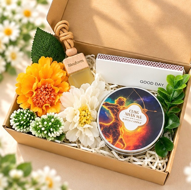Set Quà Tặng Nến Thơm Cung Nhân Mã & Tinh Dầu Treo – Hương Hoa Ngày Nắng